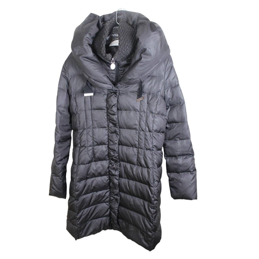 Tahari Womens Black Quilted Down Puffer Coat Oversized Pillow Collar Medium